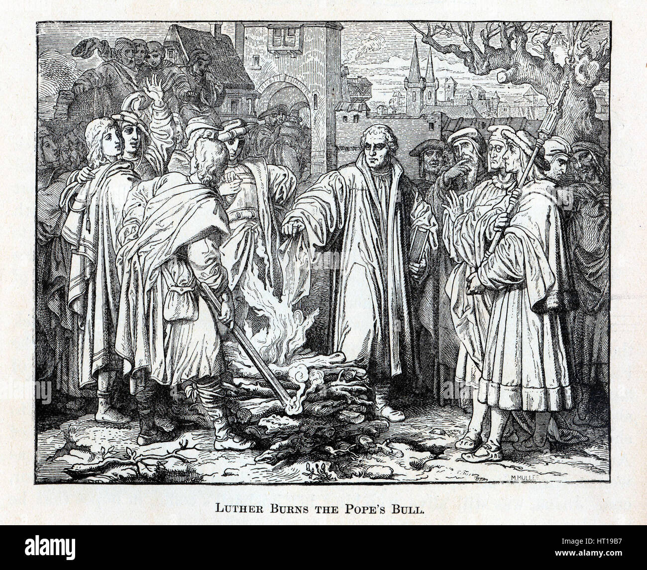 Luther verbrennt die päpstliche Bulle, 1882. Künstler: anonym Stockfoto
