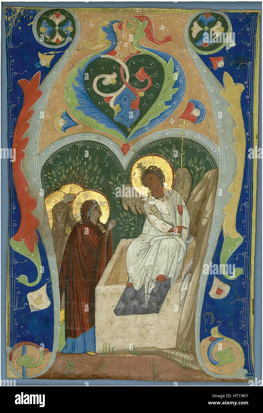 Drei Marien und der feurige Engel am Grab. Initial, ca. 1310. Künstler: anonym Stockfoto