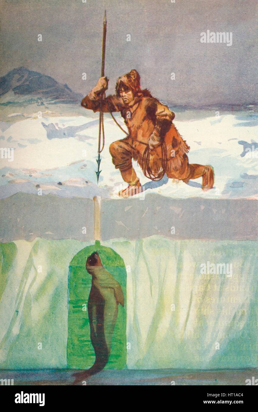 "Eskimo über zu Speer A Dichtung durch seine Atmung-Loch", c1927, (1928). Künstler: Henry Evison. Stockfoto
