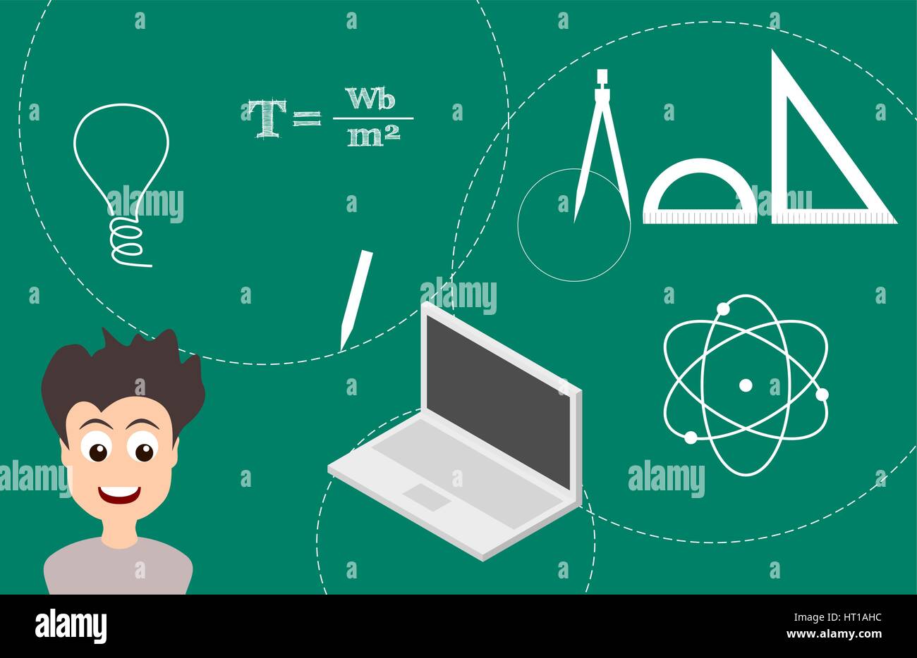 Physik Wissenschaft Konzept, Wissenschaftler mit Geometrie tools. Junge Wissenschaftler oder Studenten mit einer Idee Symbol. Grüne Tafel mit Kreisen, Atom. Vektor Stock Vektor