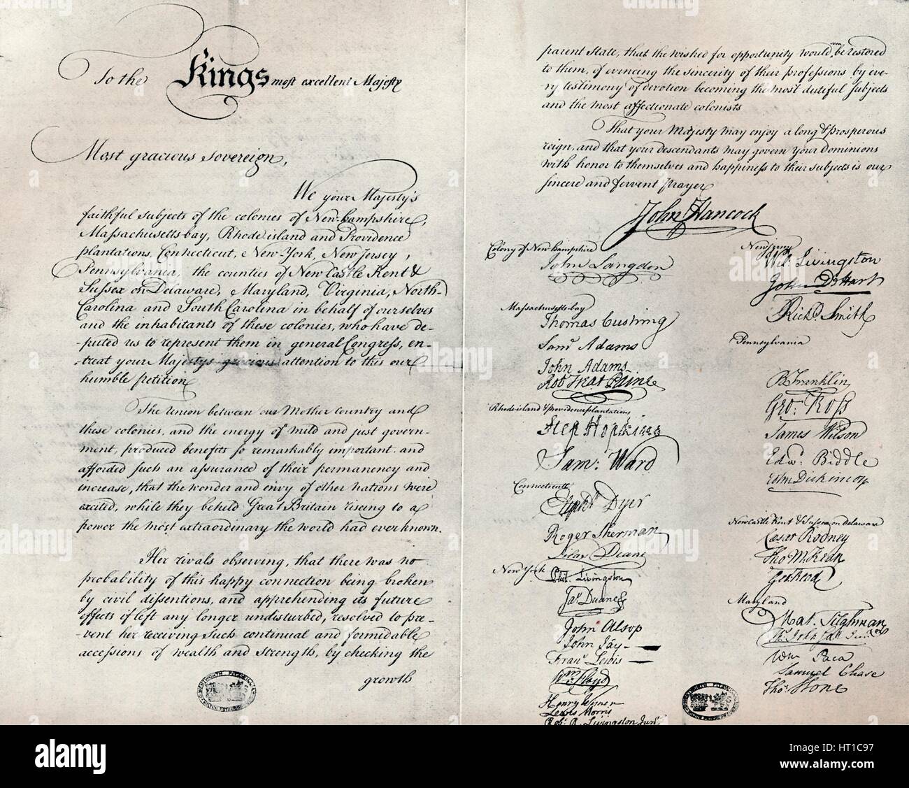 Die Fitzwilliam-Kopie der Olivenzweig Petition, 1775. Künstler: unbekannt. Stockfoto