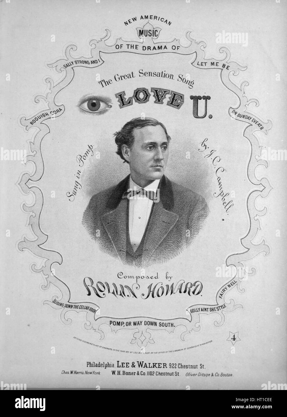 Titelbild der Noten des Liedes "The Great Sensation Song ich liebe dich! Lied und Tanz, mit ursprünglichen Autorschaft Noten lesen "Komponiert von Rollin Howard", USA, 1871. Der Verlag als "Lee und Walker, 922 Chestnut St" aufgeführt ist, die Form der Komposition ist "strophische mit Chor", die Instrumentierung ist "Klavier und Gesang (Duett)", die erste Linie liest "Ich bin Licht als jeder Schmetterling, fliegen im Park, so fröhlich wie der Sonnenschein, so glücklich wie eine Lerche" und der Abbildung Künstler als 'None' aufgeführt ist. Stockfoto