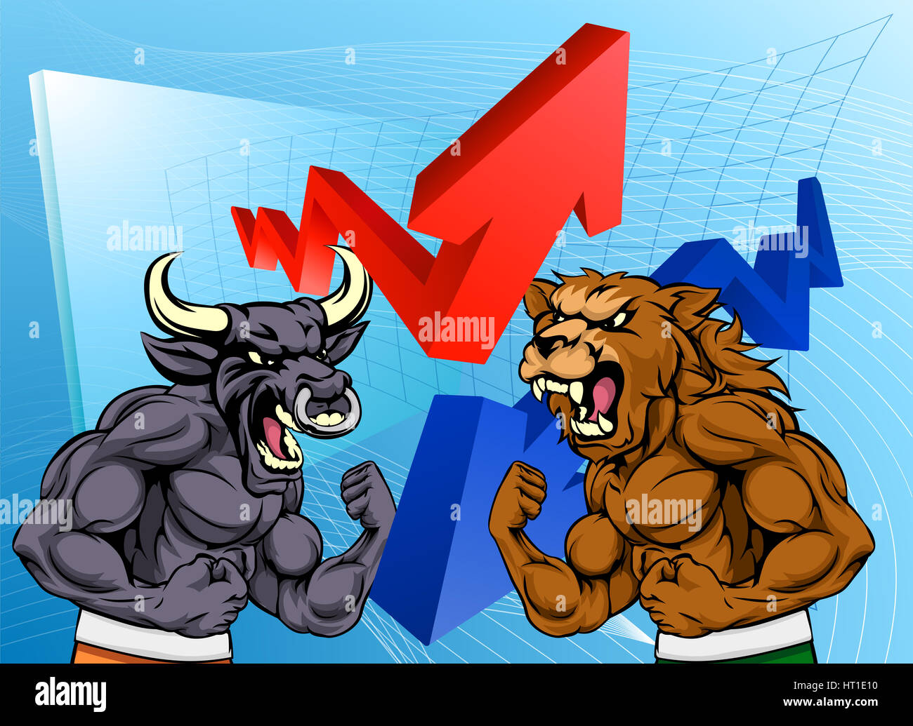 Finanzkonzept eines Cartoon-Bullen im Vergleich zu einem Bär Maskottchen Zeichen vor einer Börse oder einem Gewinn graph Stockfoto