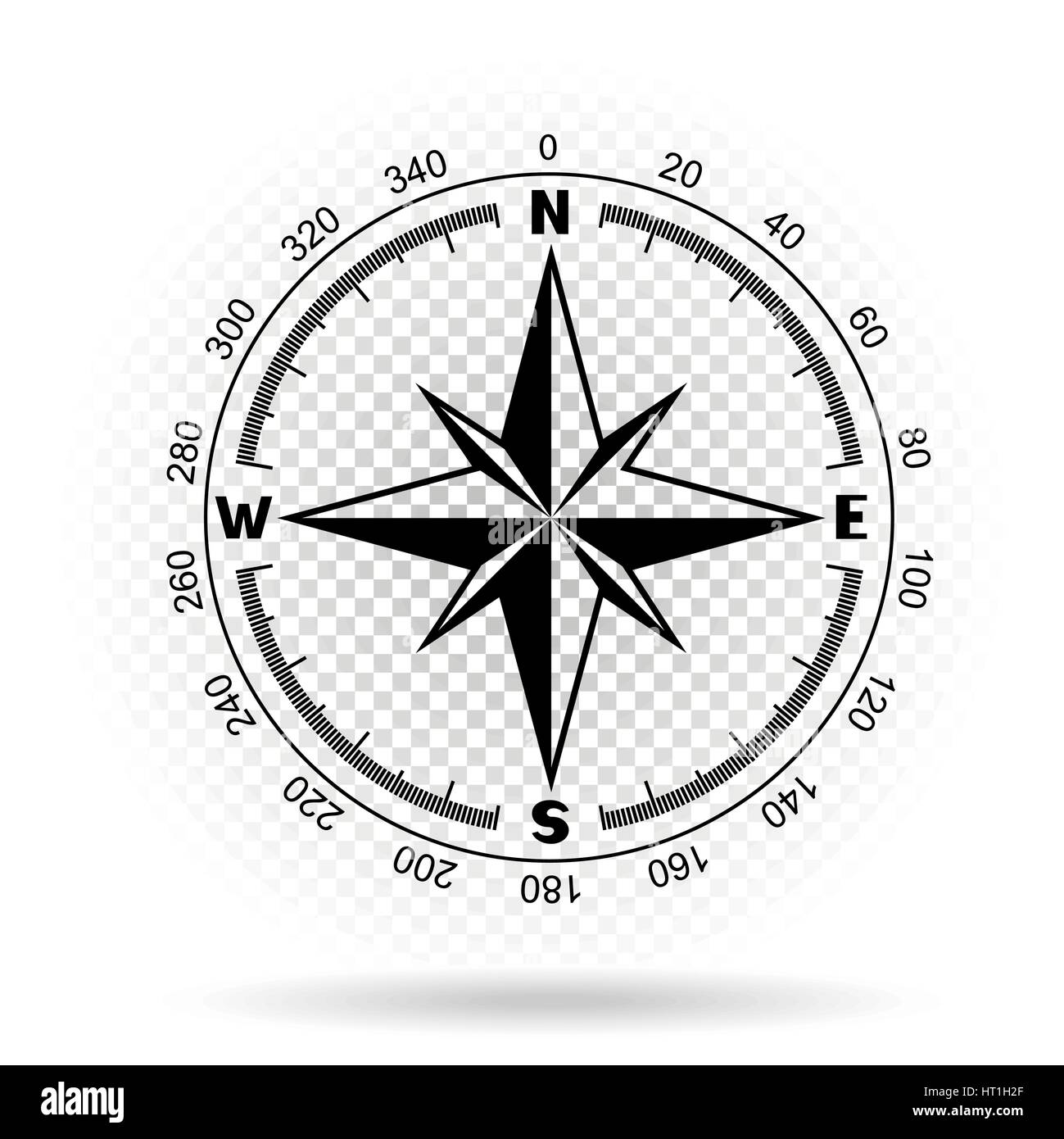 Schwarze Farbe Schablone Kompass Windrose auf weißen transparenten Hintergrund mit Schatten. Das Zifferblatt und die Waage zeigt Nord-Süd-Ost-West-Richtung. Degr Stock Vektor