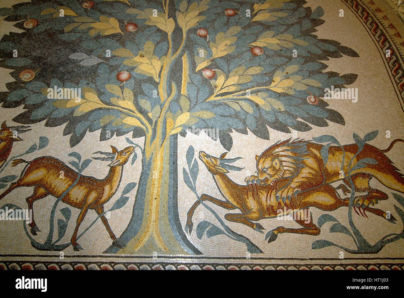 Der "Baum des Lebens" Mosaik in den Zuschauerraum des Bad Haus., Jericho archäologische Excavacation Website Hisham Palast Palästina West Jordan Land w Stockfoto