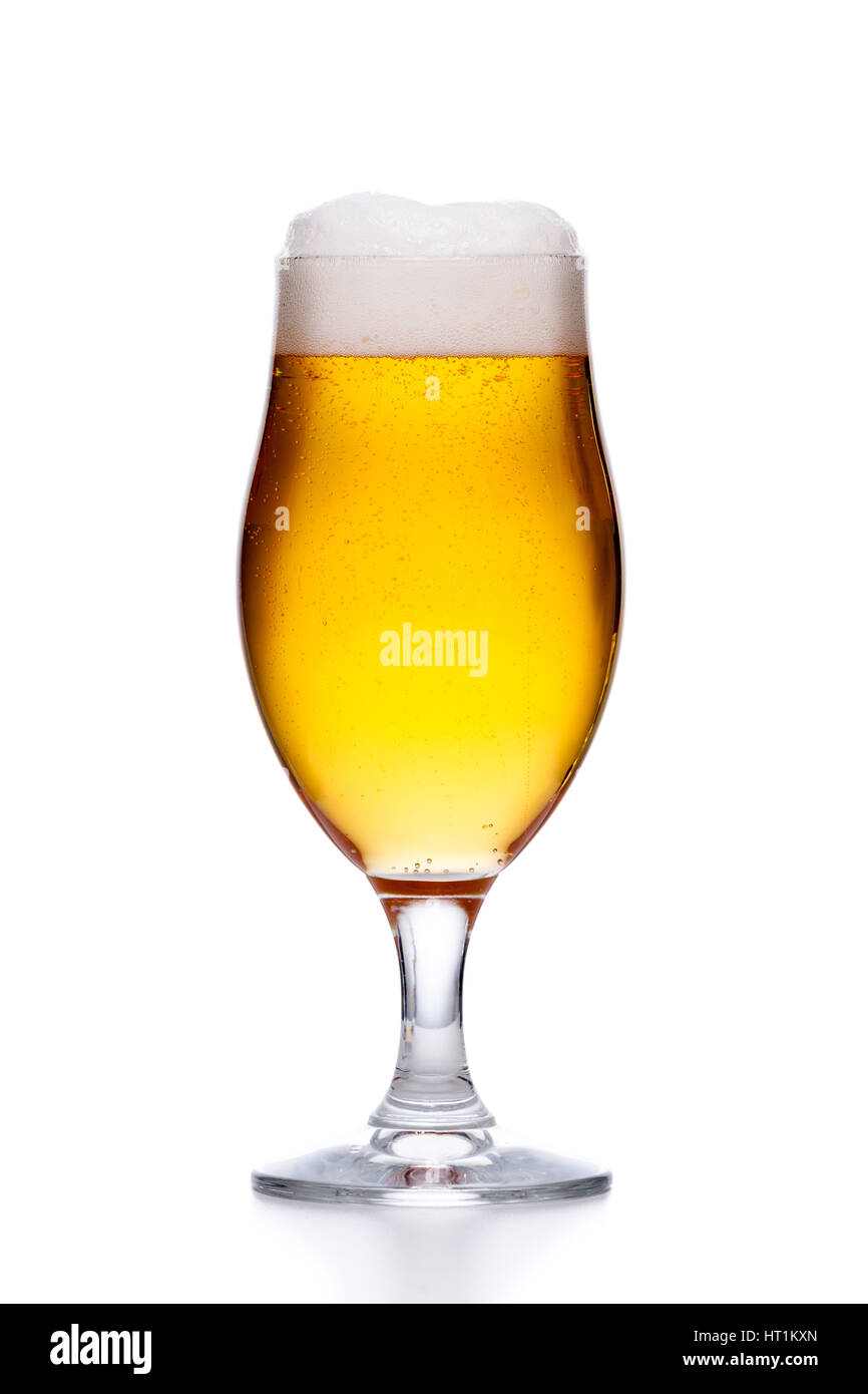 Glas frische gold Leichtbier mit Schaumstoff isoliert auf weißem Hintergrund Stockfoto