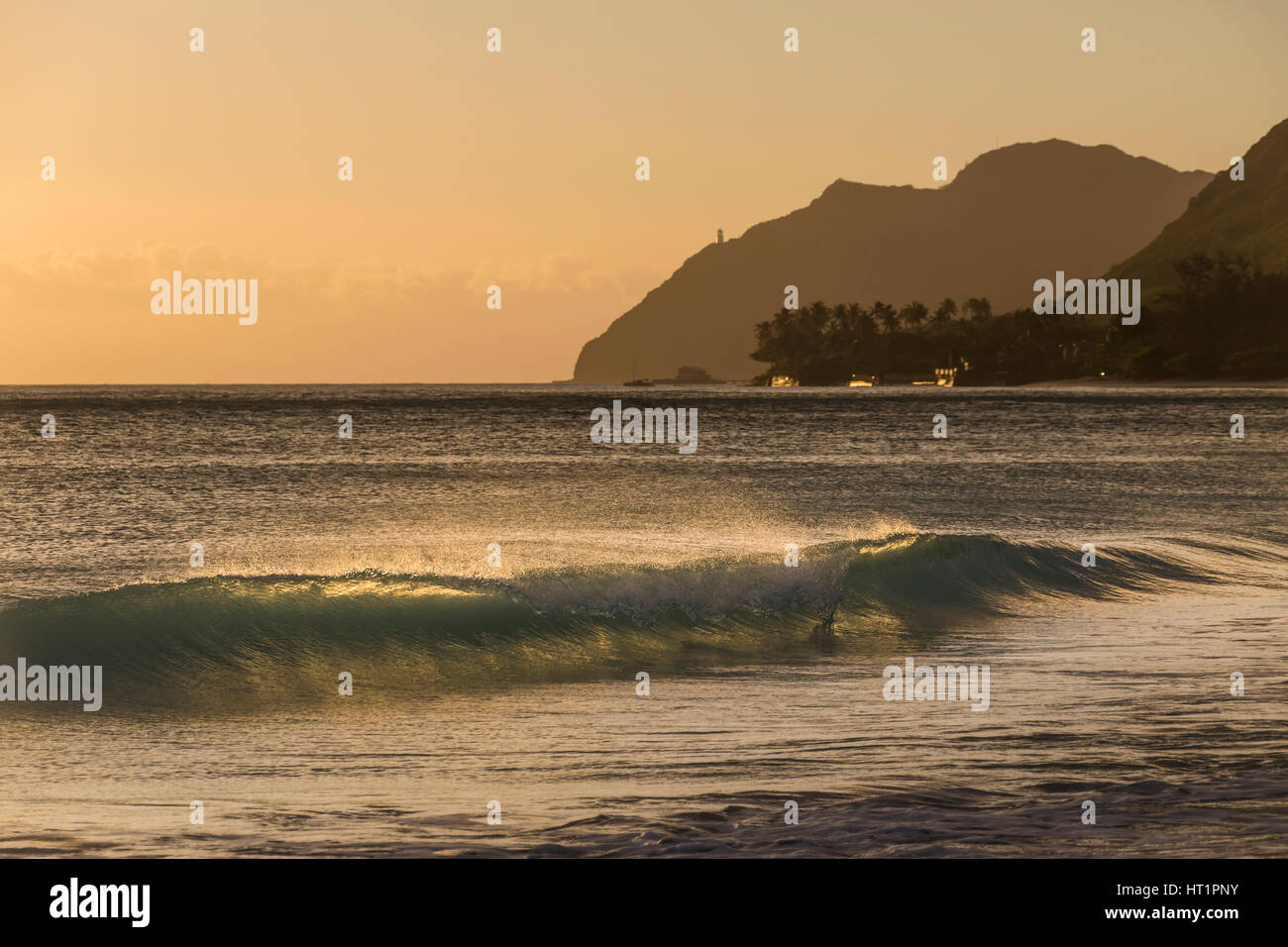 Eine Welle bricht bei Sonnenaufgang, Waimanalo Beach Park, Oahu. Stockfoto