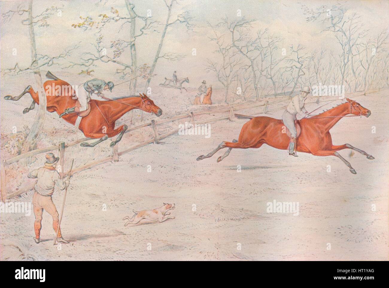 Ein Hindernislauf: Deckt einen starken Bullock-Zaun. Für hundert runter!, 1927. Künstler: Henry Thomas Alken Stockfoto