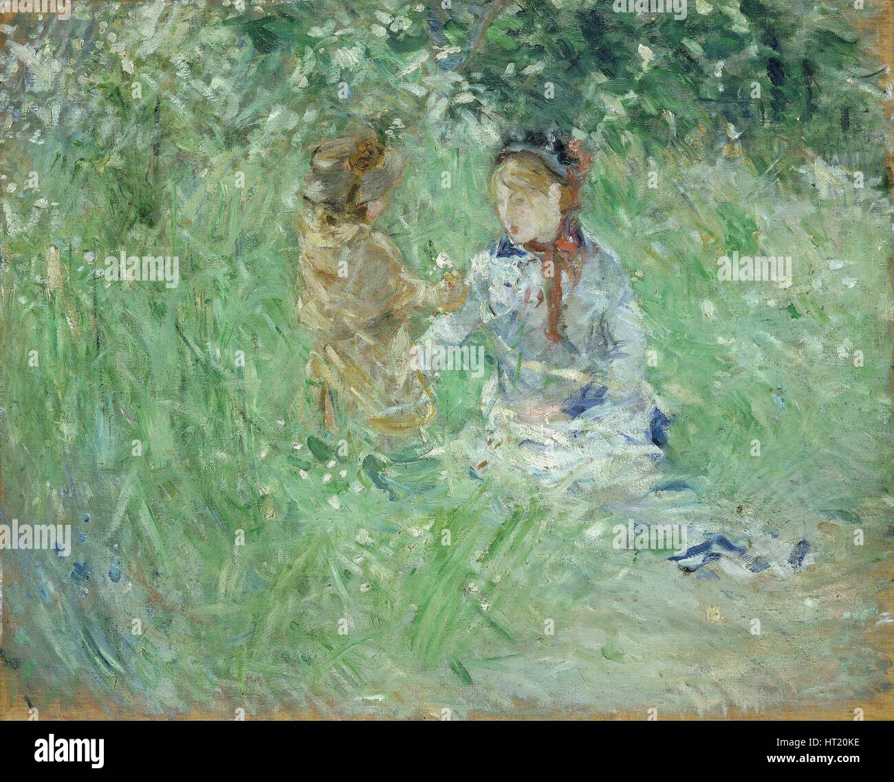 "Frau und Kind auf einer Wiese in Bougival", 1882. Künstler: Berthe Morisot. Stockfoto