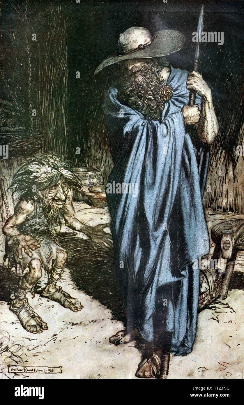Mime und der Wanderer. Abbildung für Siegfried und Götterdämmerung von Richard Wagner, Artist: Rackham, Arthur (1867-1939) Stockfoto