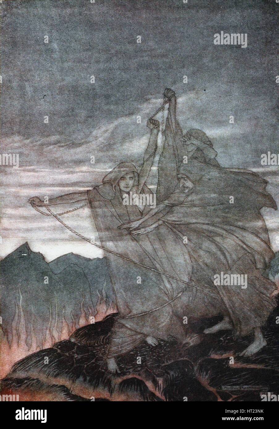 Die Norns verschwinden. Abbildung für Siegfried und Götterdämmerung von Richard Wagner, 1910. Artist: Rackham, Arthur (1867-1939) Stockfoto