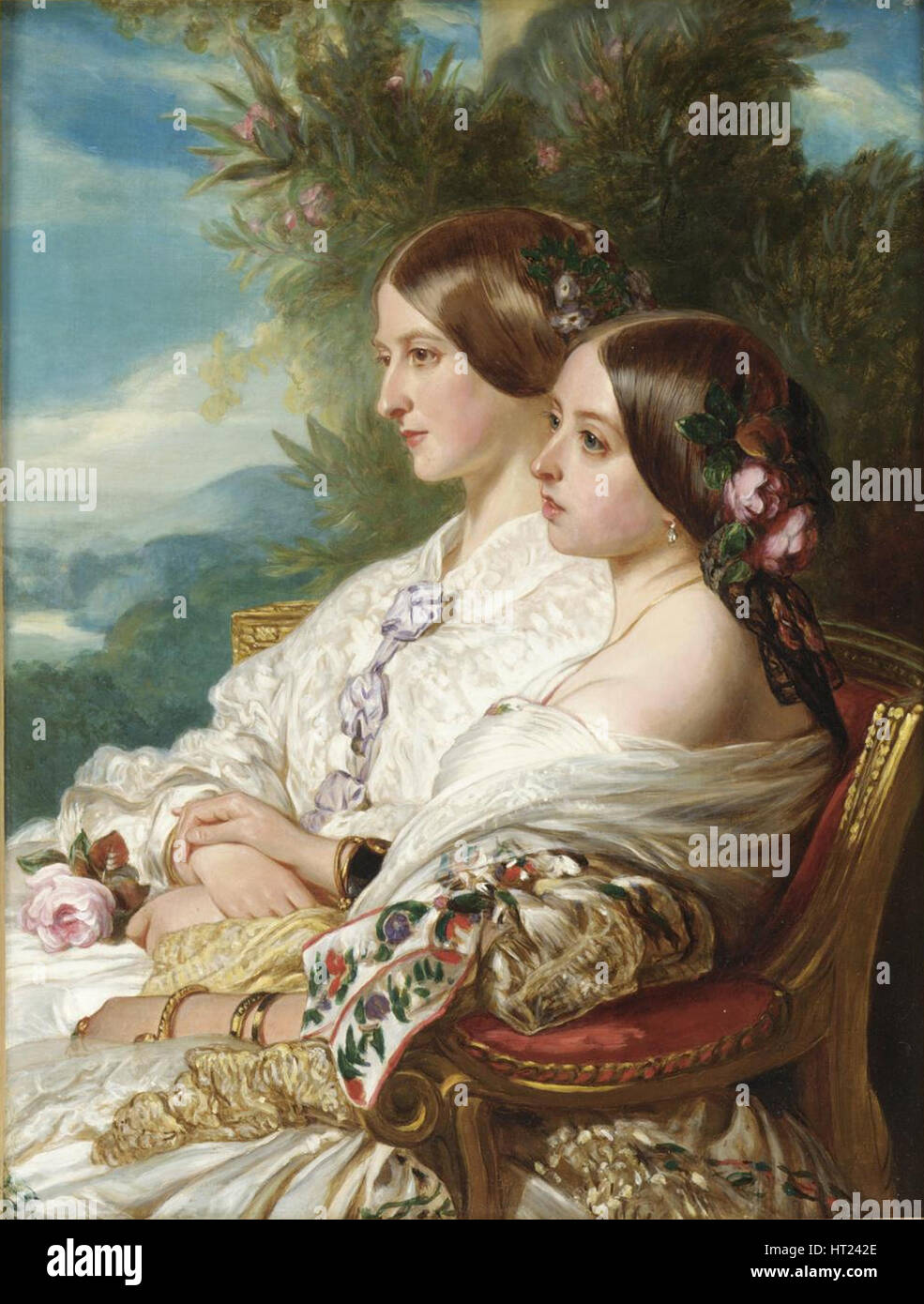 Queen Sie Victoria und ihre Cousine, der Herzogin von Nemours, 1852. Künstler: Winterhalter, Franz Xavier (1805-1873) Stockfoto
