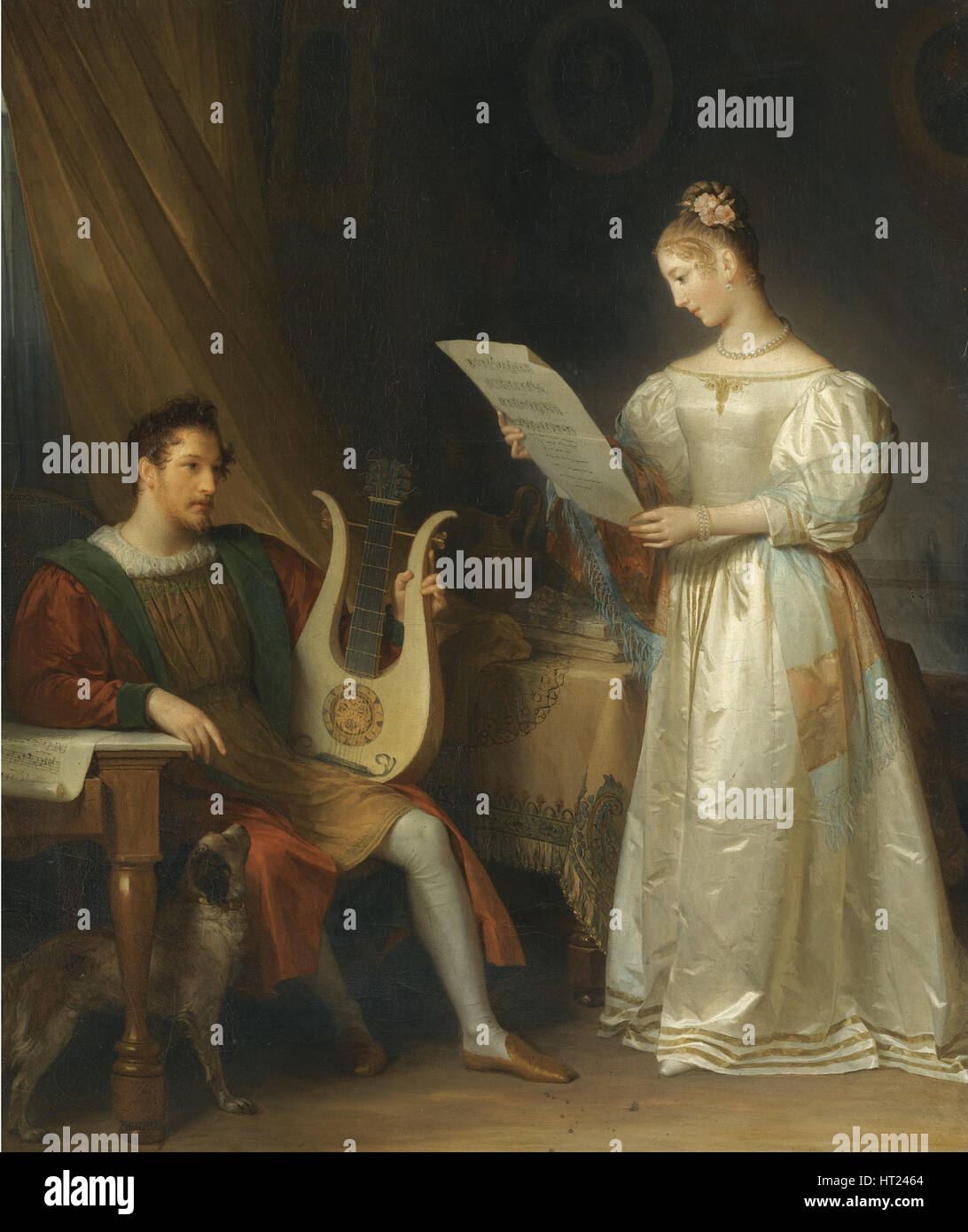 Interieur mit ein Mann hält eine Lyra und eine Frau mit einem Musik-Score. Künstler: Gérard, Marguerite (1761-1837) Stockfoto