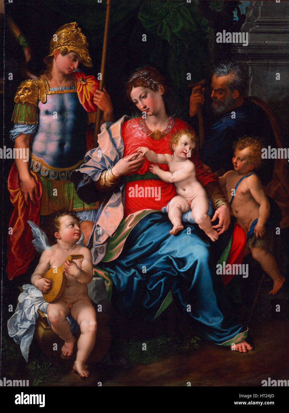 Jungfrau und Kind mit den Heiligen Johannes dem Täufer, dem Erzengel Michael und Joseph, 1545. Artist: Sciolante da Sermoneta, Girolamo (1521-1575) Stockfoto