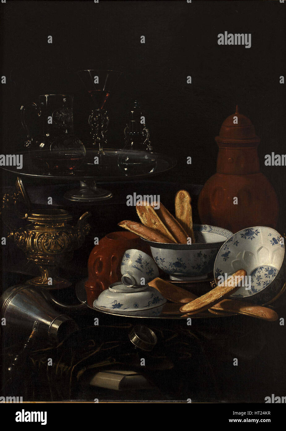 Stillleben mit blau und Porzellan und Toast. Künstler: Monari (Munari), Cristoforo (1667 – 1720) Stockfoto