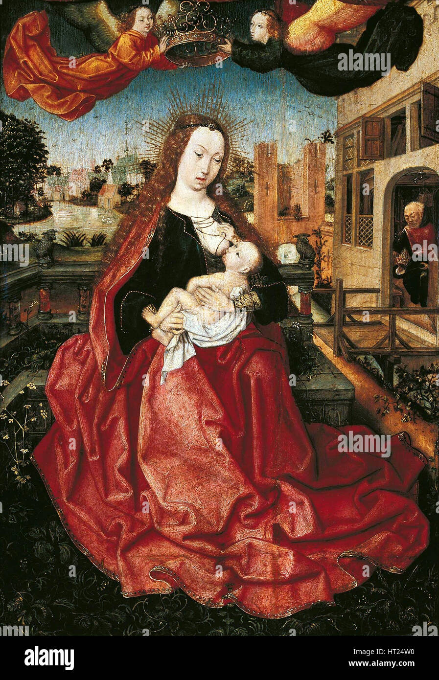 Madonna mit Kind, die 1490s von zwei Engeln gekrönt. Künstler: Meister von Frankfurt (1460-ca. 1533) Stockfoto