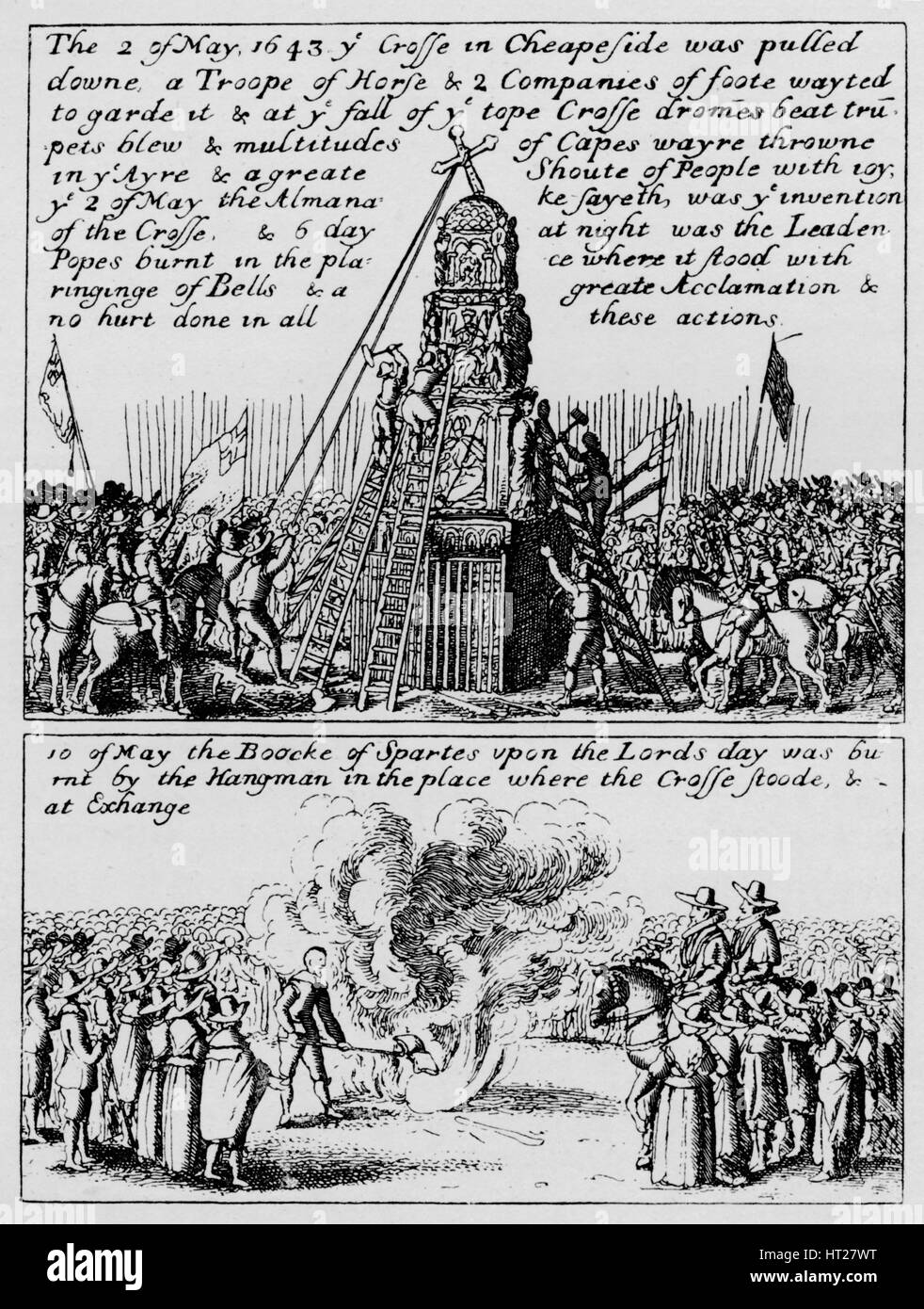Die Zerstörung der Cheapside überqueren und die Verbrennung des Book of Sports, Mai 1643 (1903). Künstler: unbekannt. Stockfoto
