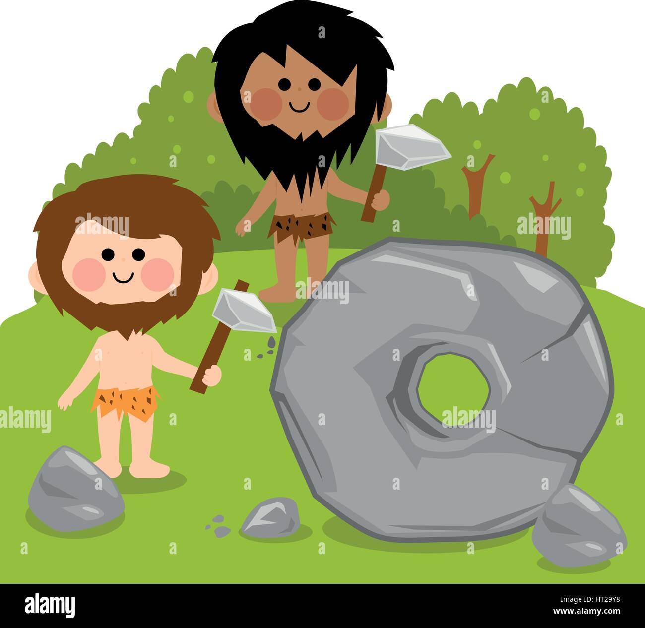 Vektor-Cartoon Illustration zwei Höhlenmenschen schnitzen einen grossen Stein und eine Rad zu schaffen. Stock Vektor
