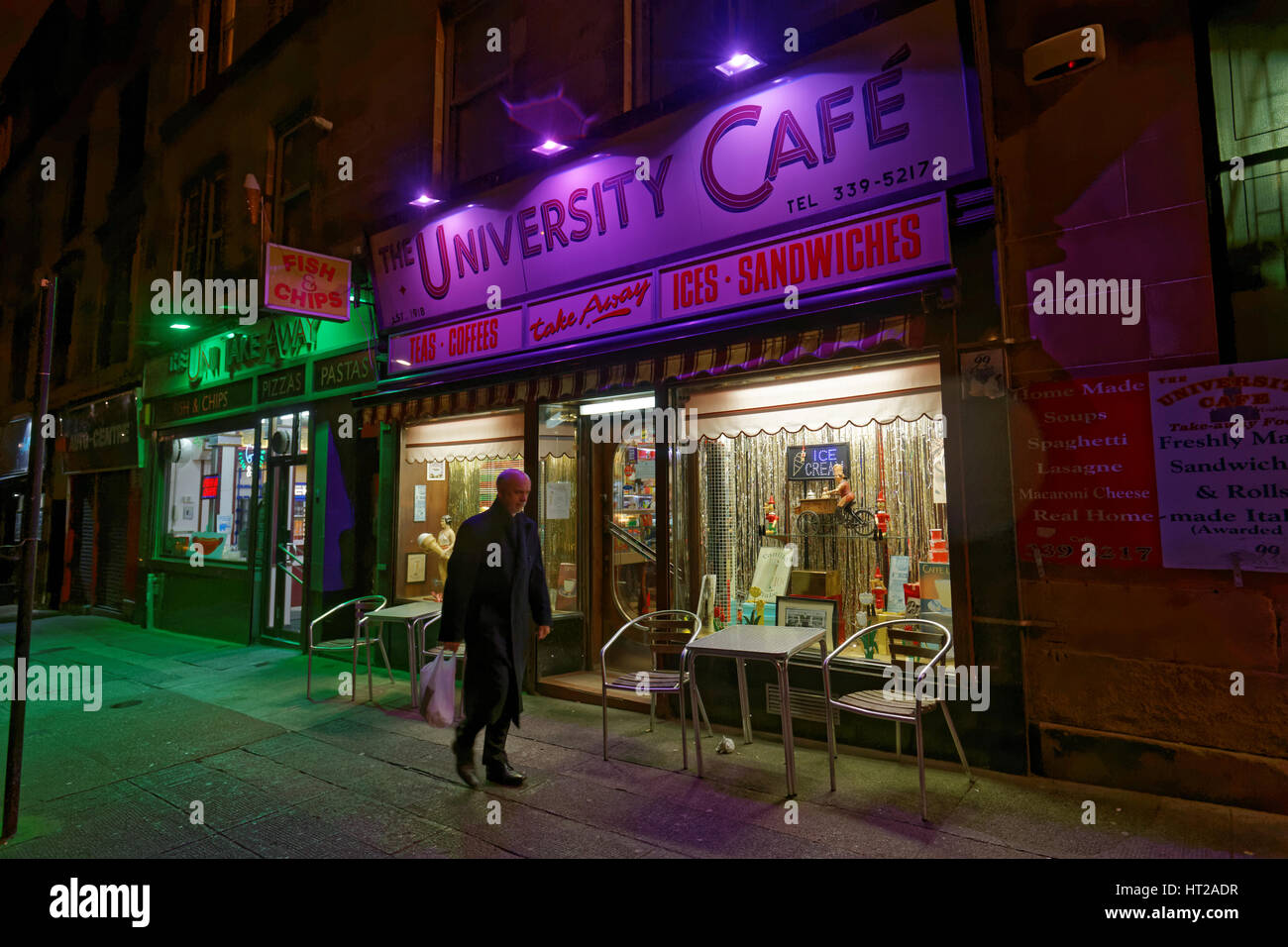 Universität Café Byres Road Glasgow am Abend spät in die Nacht Stockfoto