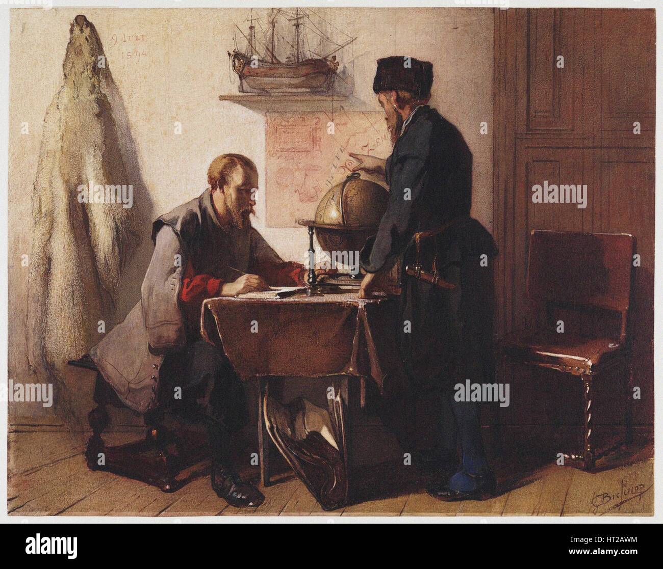 Jacob van Heemskerk und Willem Barendsz. Planen Sie ihre Reise in die Arktis im Jahre 1594. Künstler: Bisschop, Christoffel (1828-1904) Stockfoto