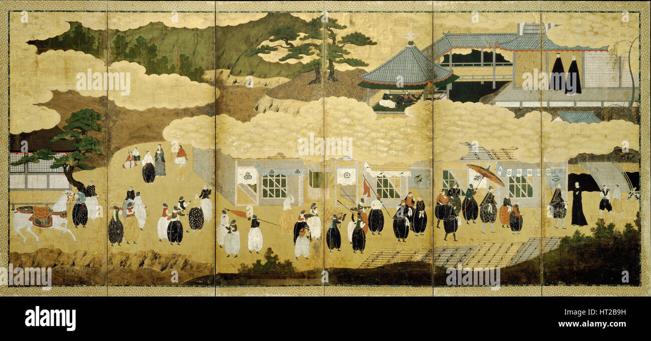 Ankunft eines portugiesischen Schiffes. Namban-Bildschirm, ca. 1600. Künstler: anonym Stockfoto