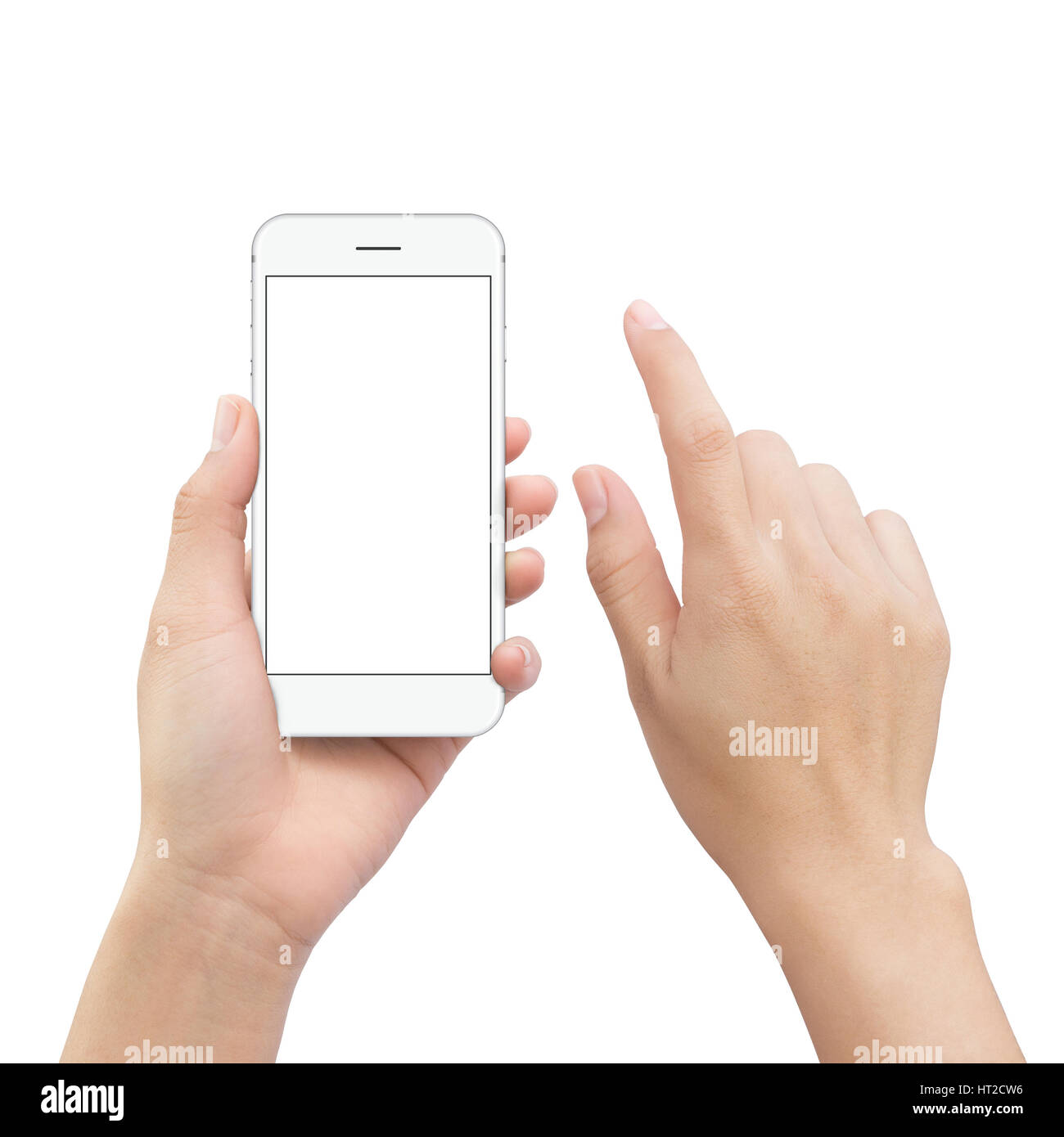 Close-up Hand Holding Smartphone mobile Touchscreen Hand Element auf weißen Beschneidungspfad innen isoliert Stockfoto