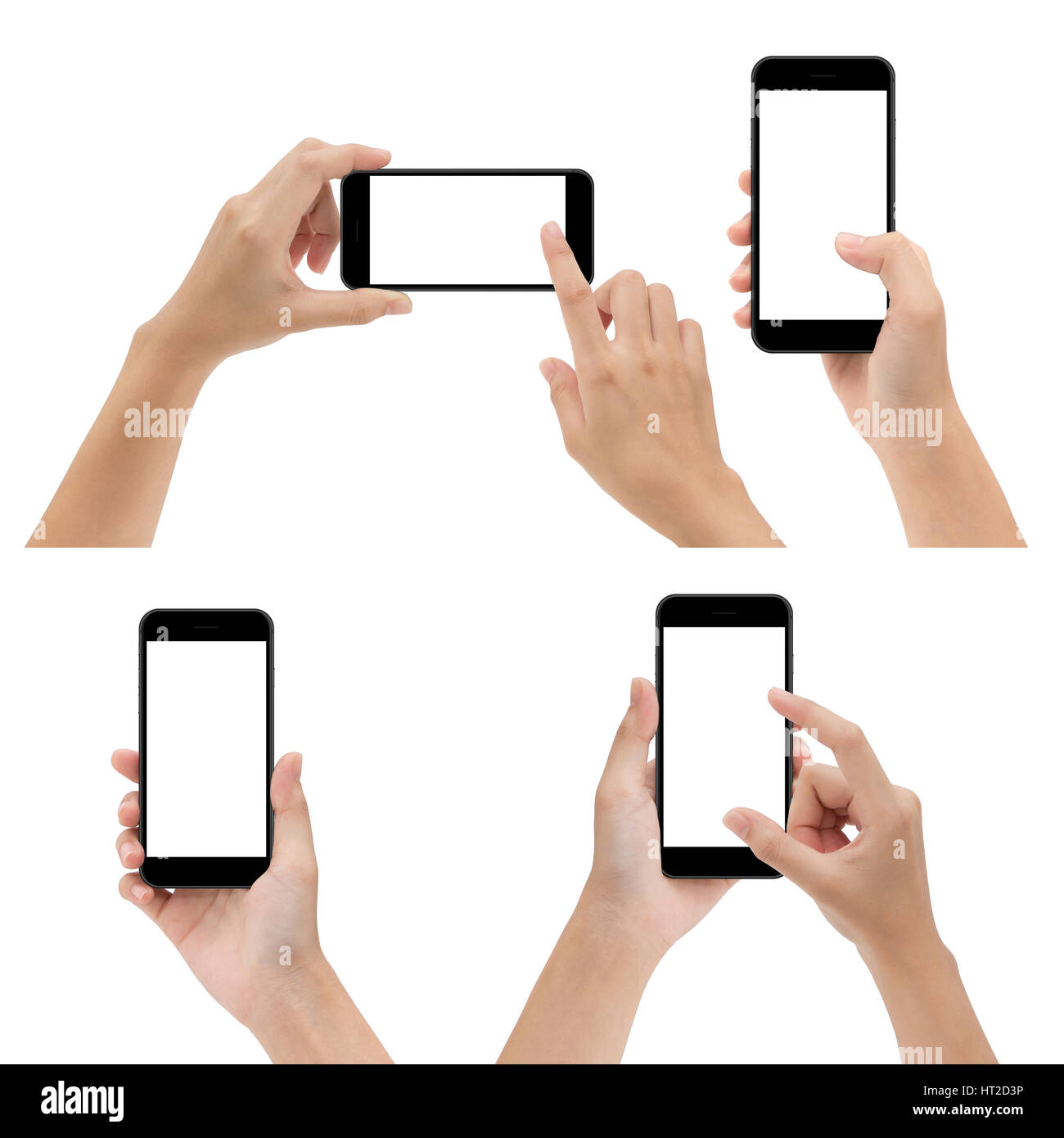 Hand Geste halten und mit Telefon, isoliert auf weißem Hintergrund Stockfoto