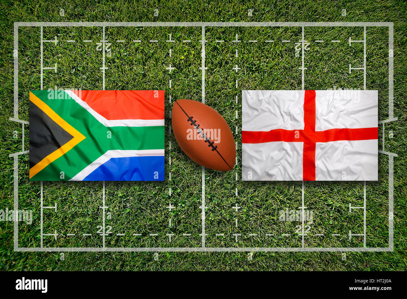 Südafrika vs. England Fahnen auf grüne Rugby-Feld Stockfoto