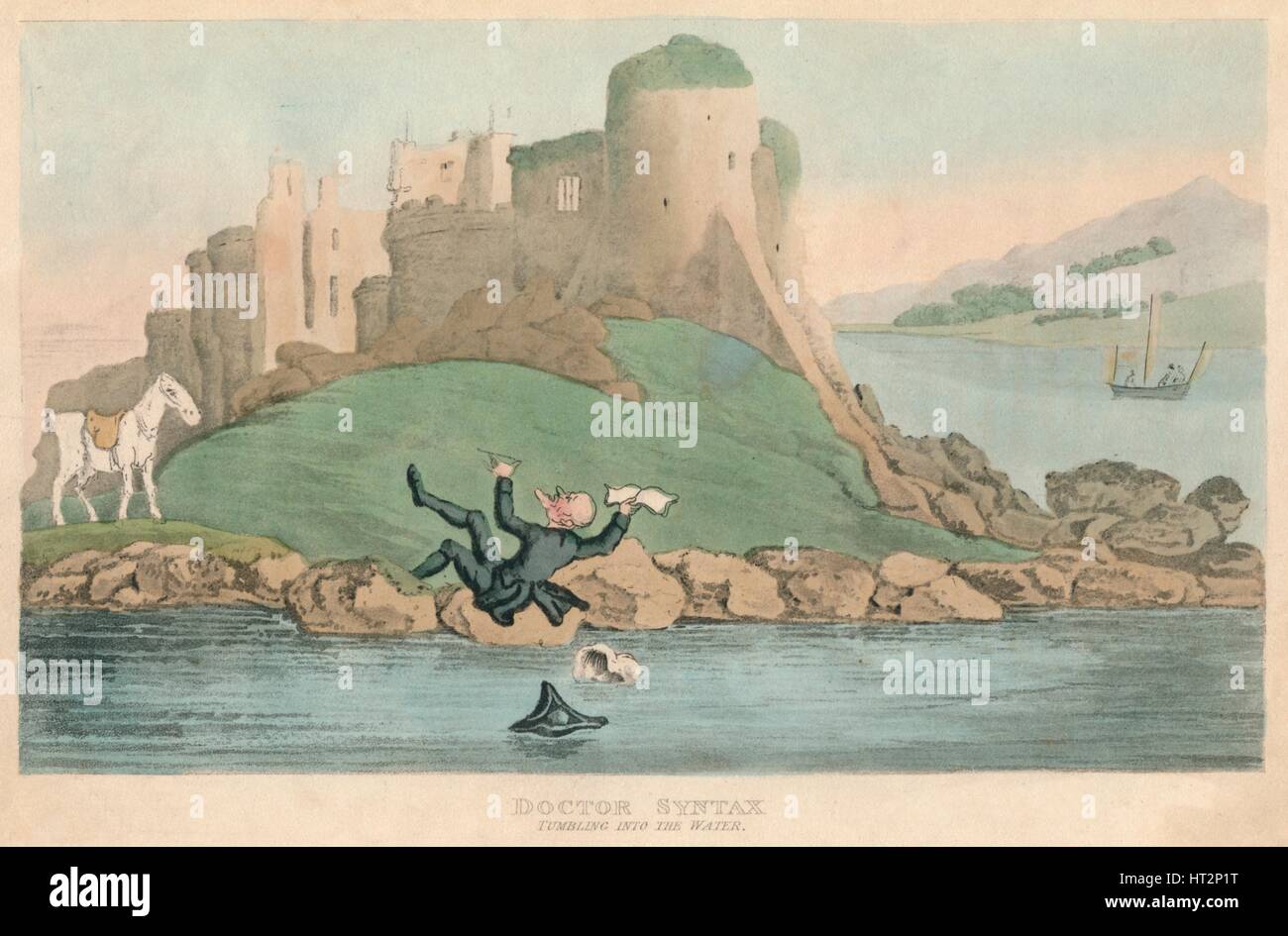 "Doktor Syntax taumeln ins Wasser", 1820. Künstler: Thomas Rowlandson. Stockfoto