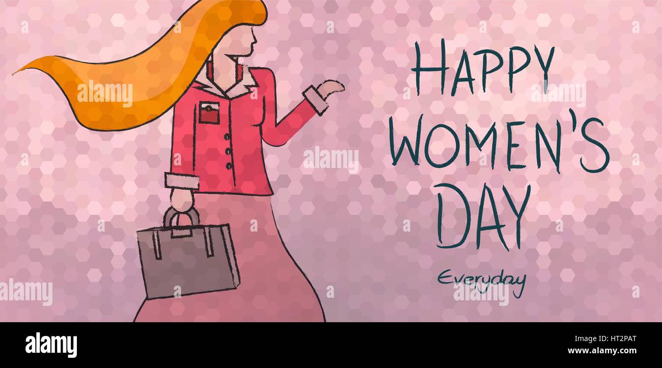 Glücklich international Womens Tag täglichen Konzept Hintergrund. Unabhängiges Unternehmen moderne Frau in der Skizze Abbildung Art. Vektor EPS 10. Stock Vektor