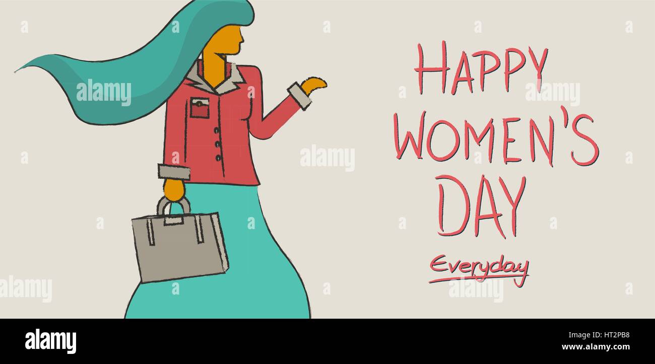 Glücklich international Womens Tag täglichen Konzept Hintergrund. Unabhängiges Unternehmen moderne Frau in der hand gezeichnet Darstellung Stil. Vektor EPS 10. Stock Vektor
