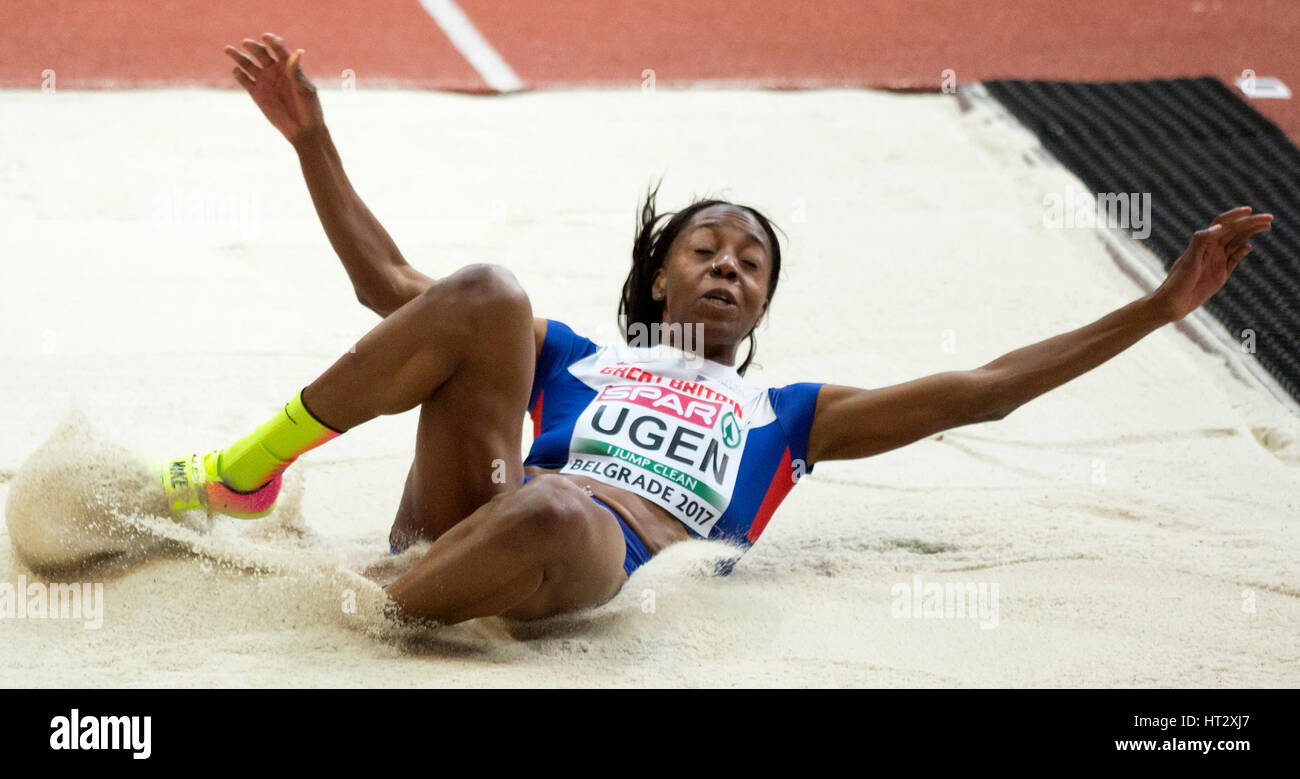 Belgrad, Serbien. 6. März 2017. Lorraine Ugen von Frankreich konkurriert in der Weitsprung Frauen Finale am dritten Tag von den 2017 Leichtathletik-Halleneuropameisterschaften in der Kombank-Arena am 5. März 2017 in Belgrad, Serbien. Bildnachweis: Nikola Krstic/Alamy Live-Nachrichten Stockfoto