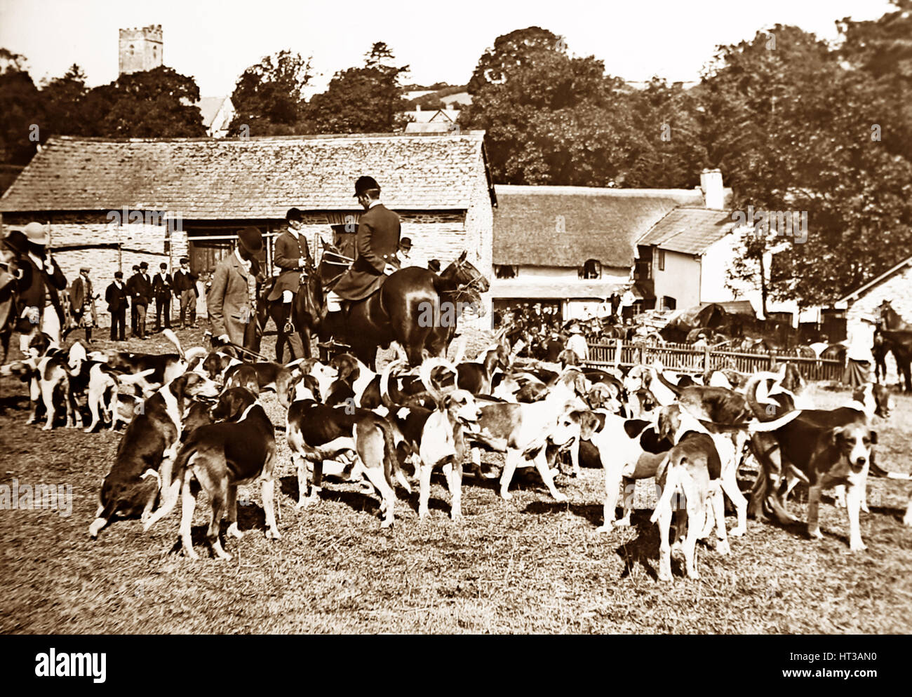 Staghounds treffen sich in Winsford in Somerset - viktorianischen Zeit Stockfoto