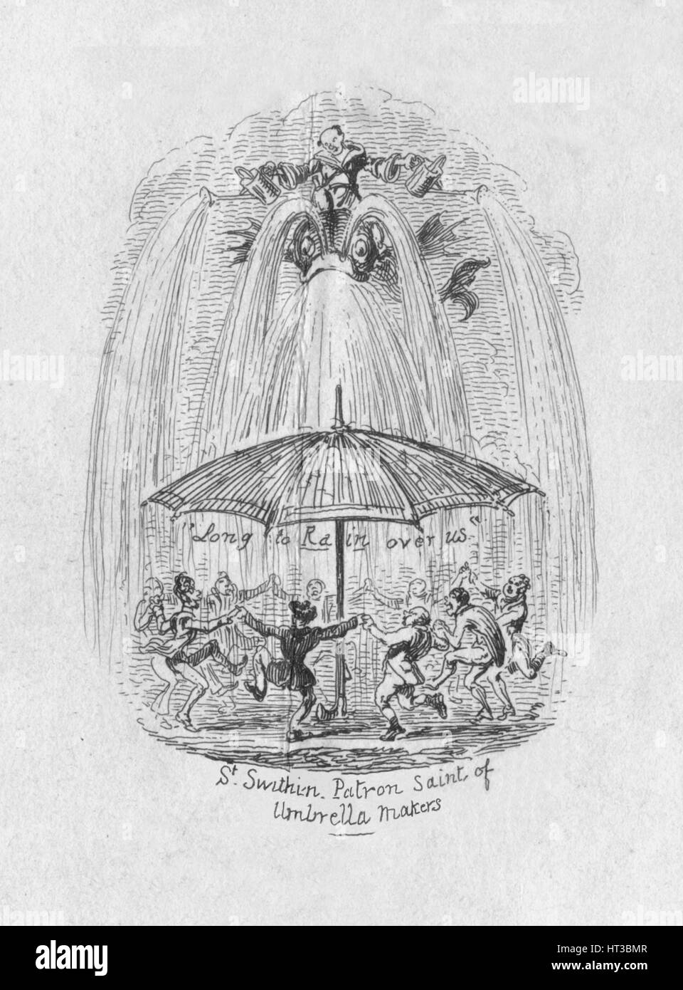 "St. Swithin Schutzpatron der Umbrella Makers", 1829. Künstler: George Cruikshank. Stockfoto