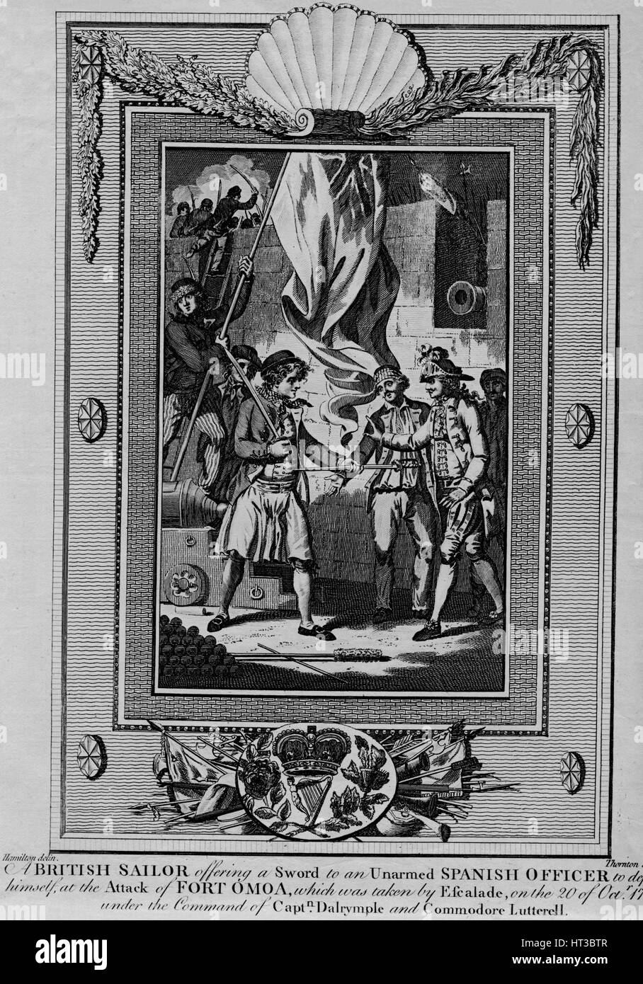 "Ein britischer Seemann mit einem Schwert auf unbewaffnete Spanisch Offizier wehren, auf den Angriff der Künstler: William Thornton. Stockfoto