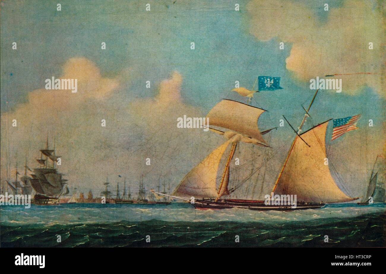 "Eine Amerikanische privateer Schoner und andere Schiffe in der Nähe der Hafen', c 1815. Schöpfer: Burton. Stockfoto