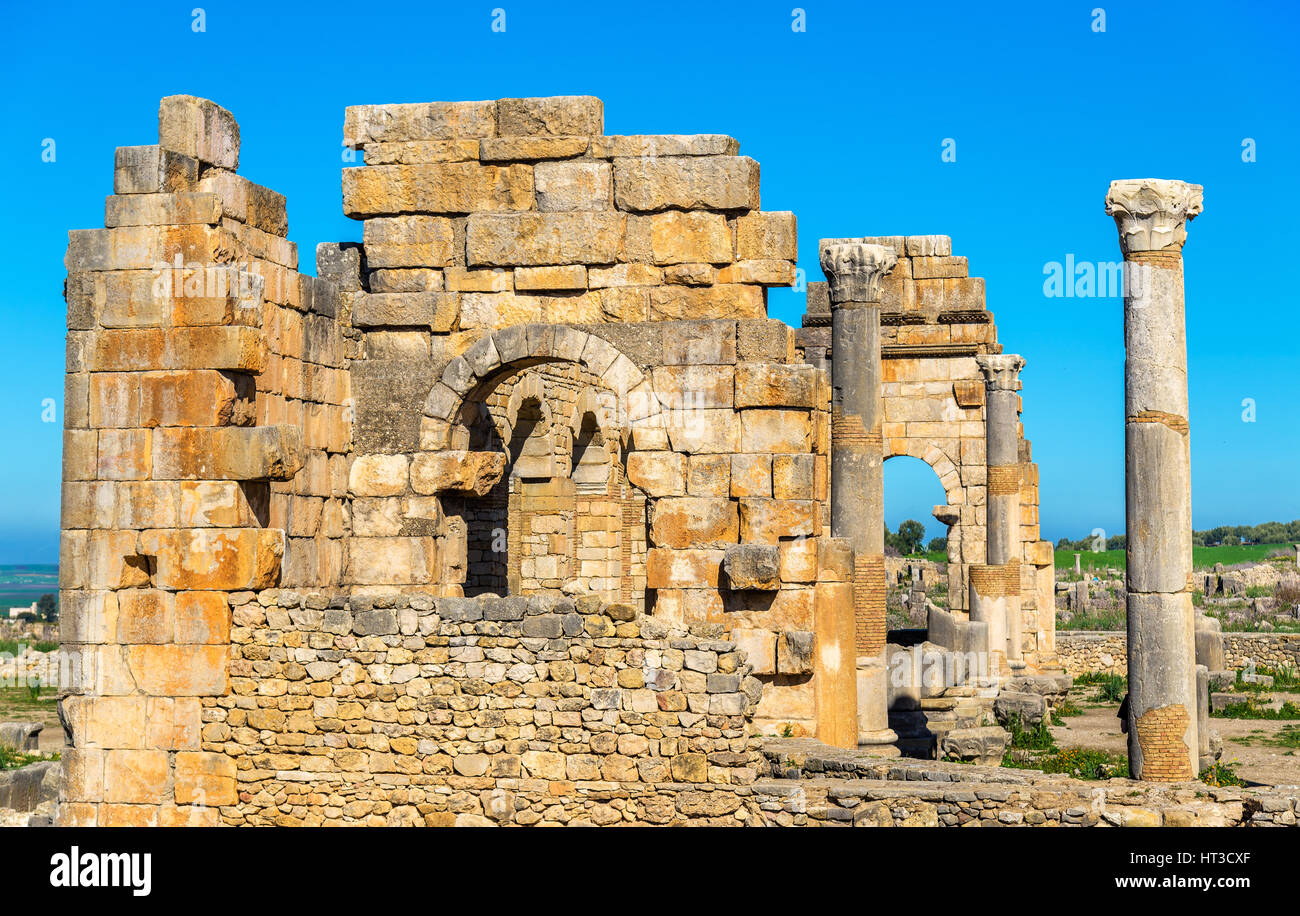 Ruinen einer römischen Basilika in Volubilis, Marokko Stockfoto