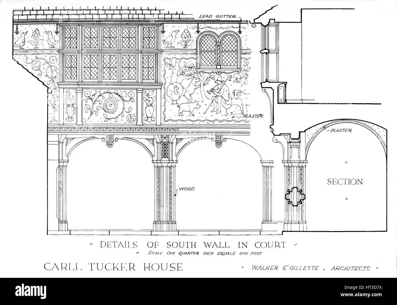 Details der südlichen Wand in Hof - Haus des Carll Tucker, Mount Kisco, New York, 1925. Künstler: Walker und Gillette. Stockfoto