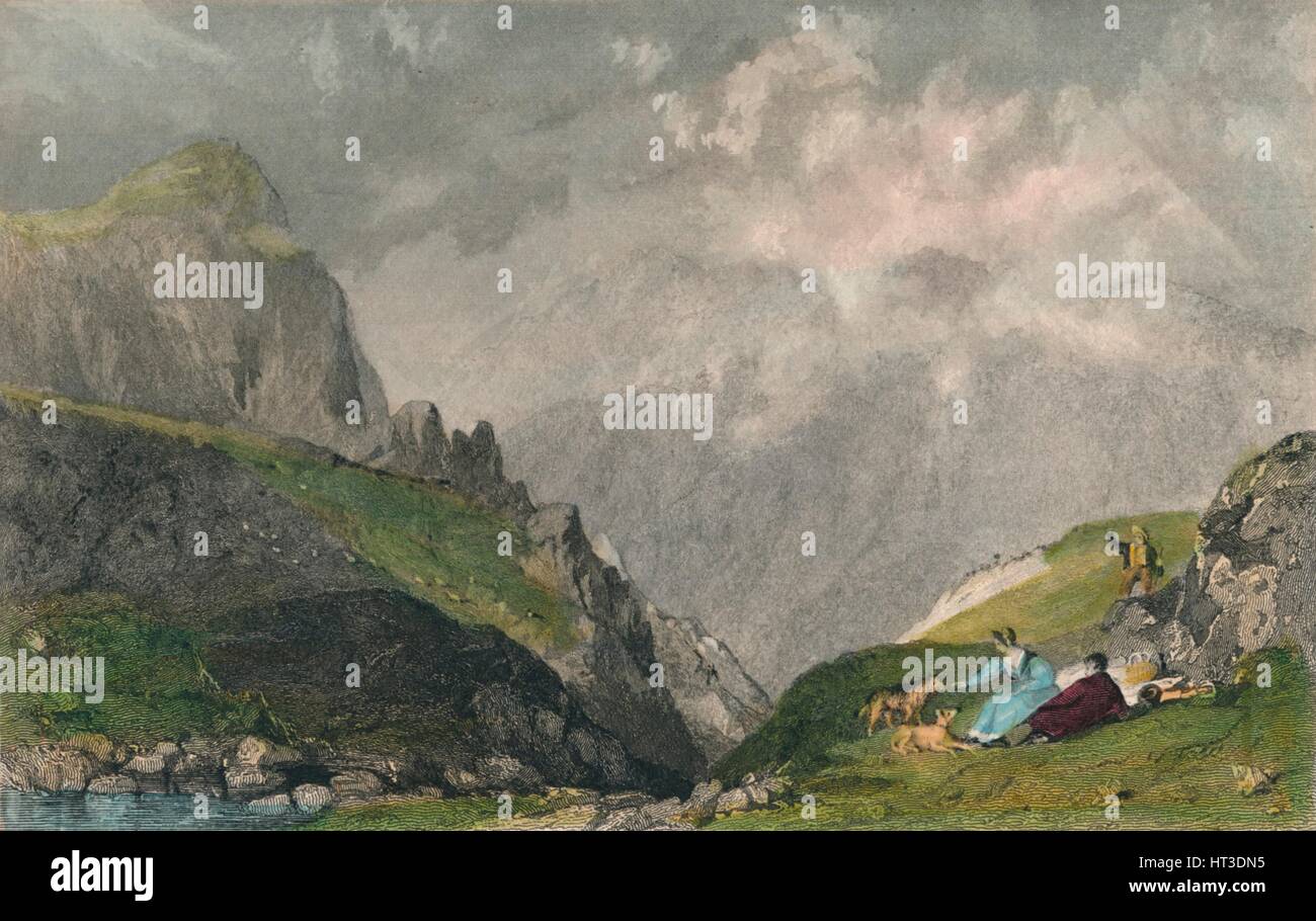 "Ansicht von Langdale Pikes, Blick in Richtung Nordwestgrat, Westmorland", 1835. Künstler: William Kelsall. Stockfoto