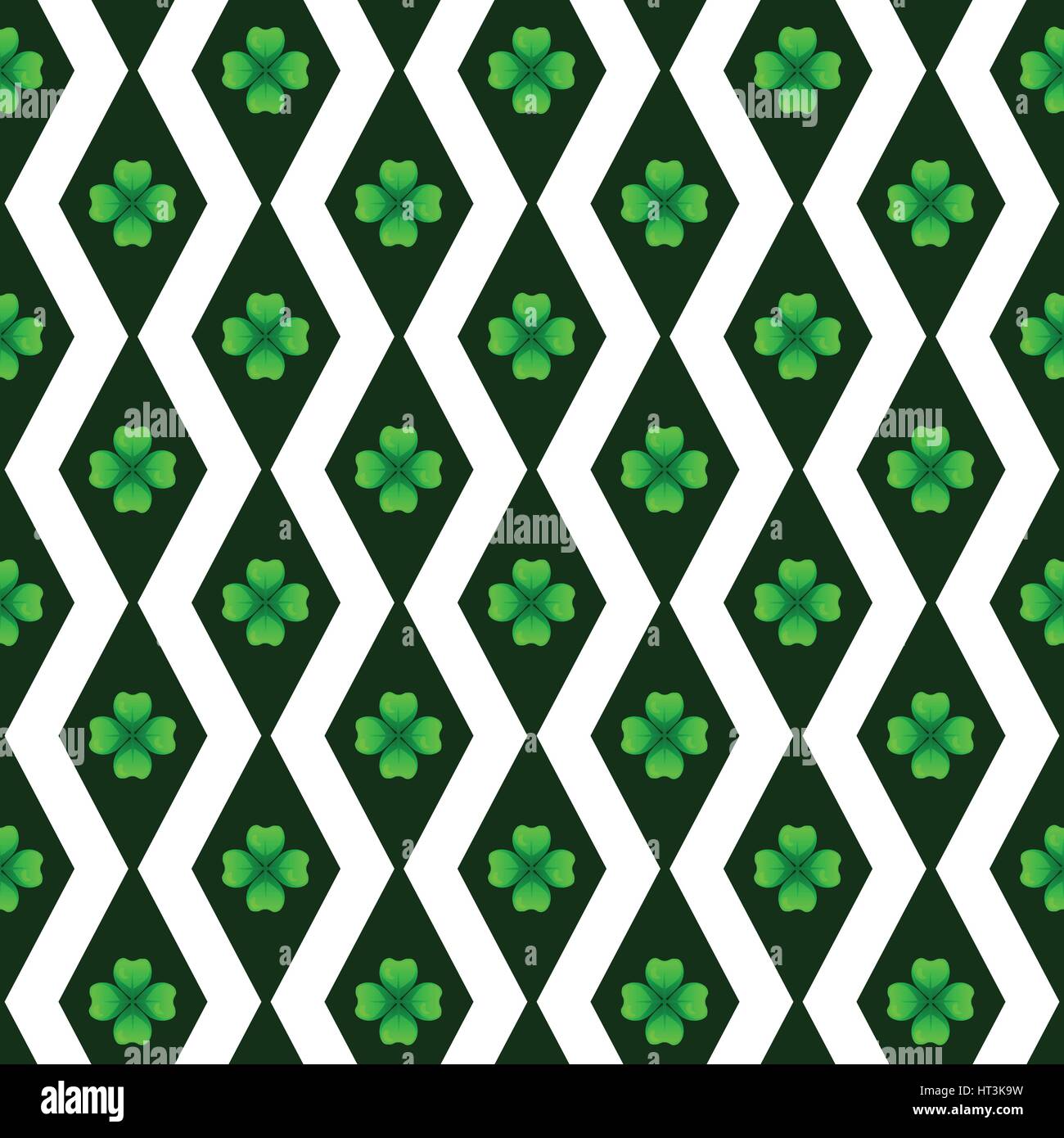 Grünen Klee mit vier Blättern. Sprig gegen dunkle Raute. St. Patricks Day Geometrie Musterdesign. Vektor aneinander Gestaltungselement. Stock Vektor