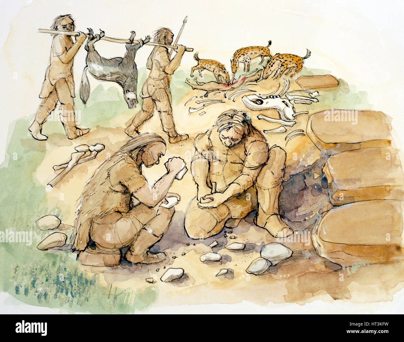 Hominiden und Hyänen, Altsteinzeit, (c1990-2010). Künstler: Judith Dobie. Stockfoto