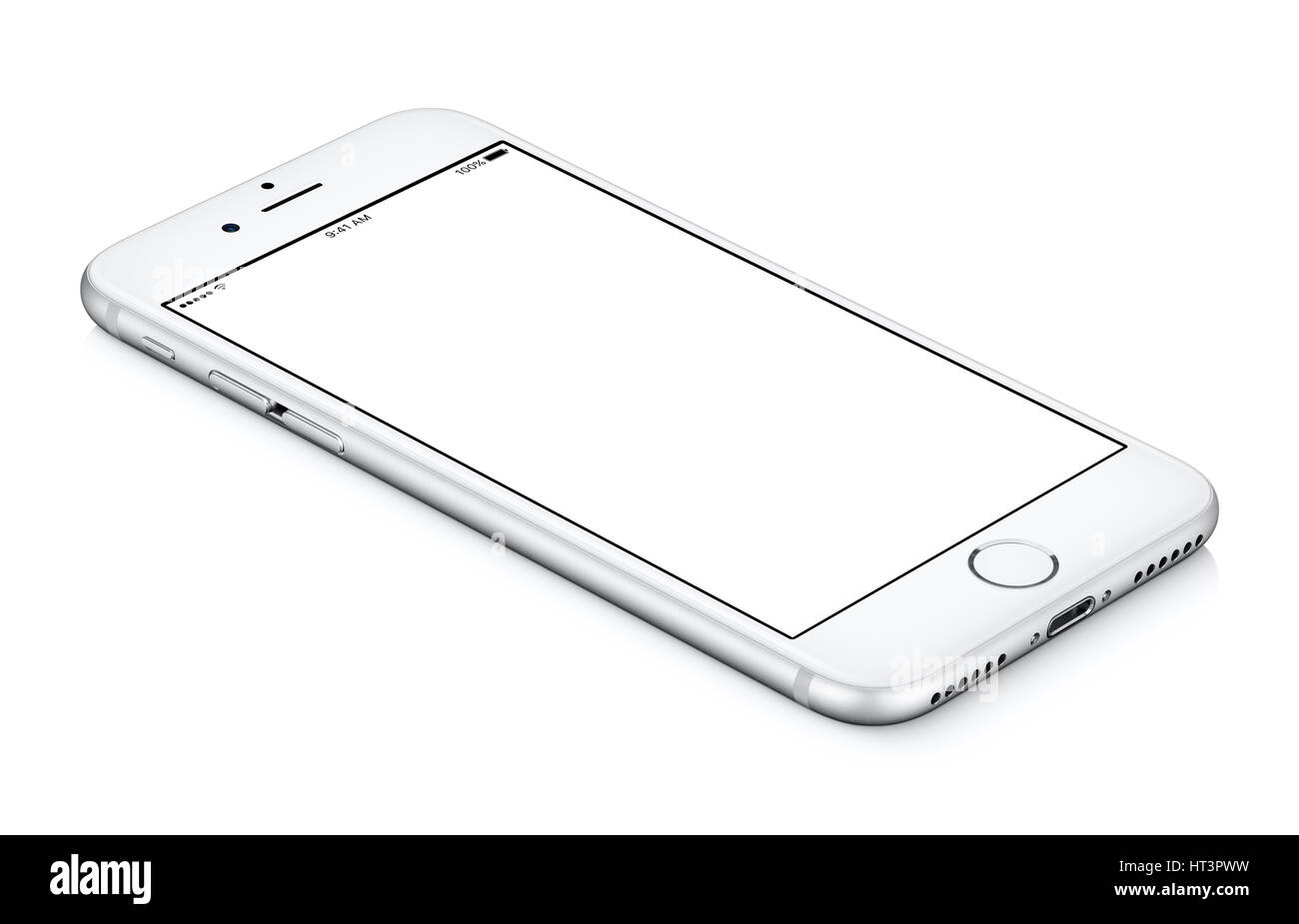 Weiße mobile Smartphone-Modell gegen den Uhrzeigersinn gedreht, liegt auf der Oberfläche mit unbelegten Schirm isoliert auf weißem Hintergrund. Stockfoto