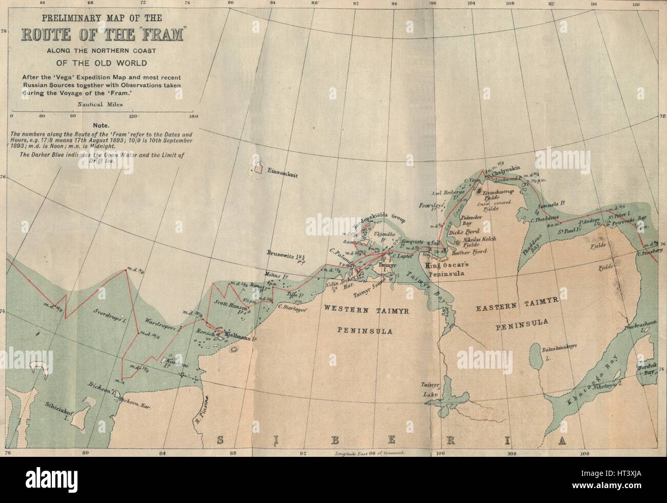 "Vorläufige Karte mit der Route der Fram entlang Northern Coast of Old World", c1893-1896, (1897).  Künstler: unbekannt. Stockfoto