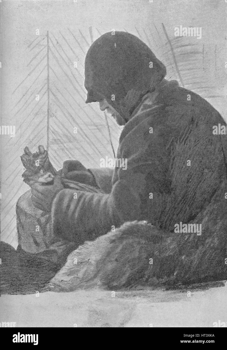 "Johansen sitzen im Schlafsack in der Hütte", c1893-1896, (1897). Künstler: unbekannt. Stockfoto