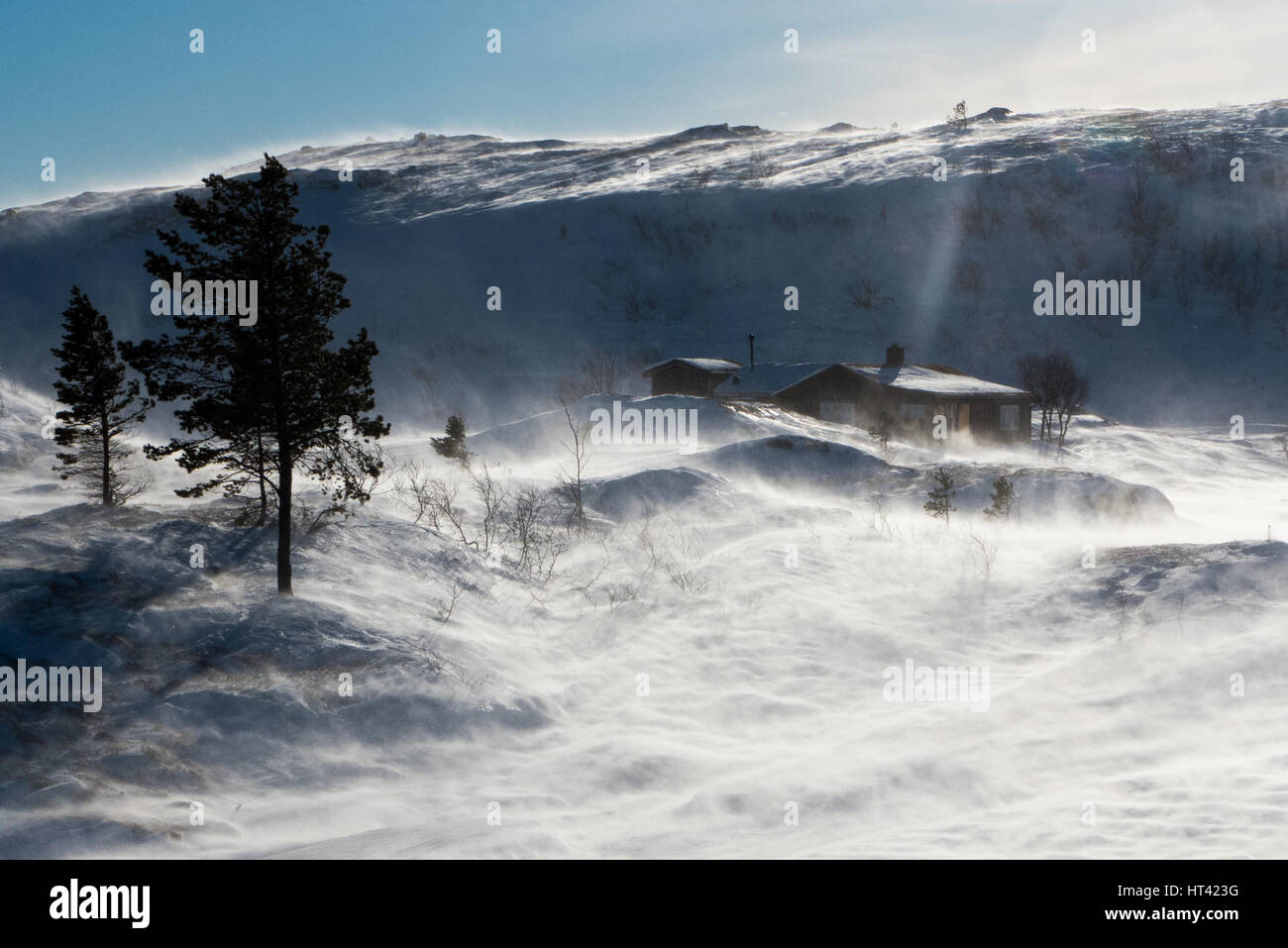 Berghütte im Schneesturm Stockfoto