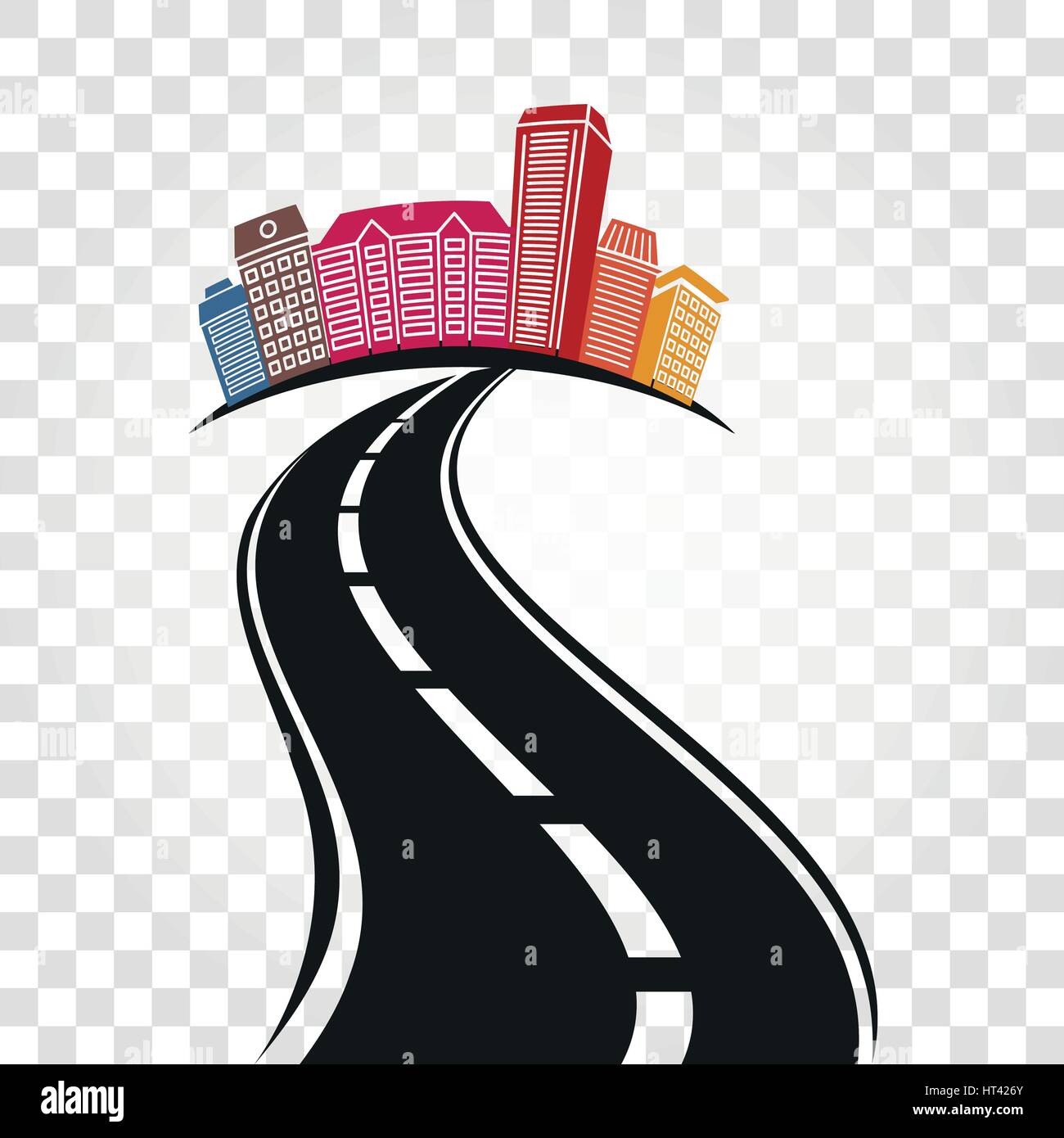 Isolierte abstrakte leeren Autobahn mit Teilung Kennzeichnung und bunten Stadtbild auf karierten Hintergrund-Vektor-Illustration. Stock Vektor