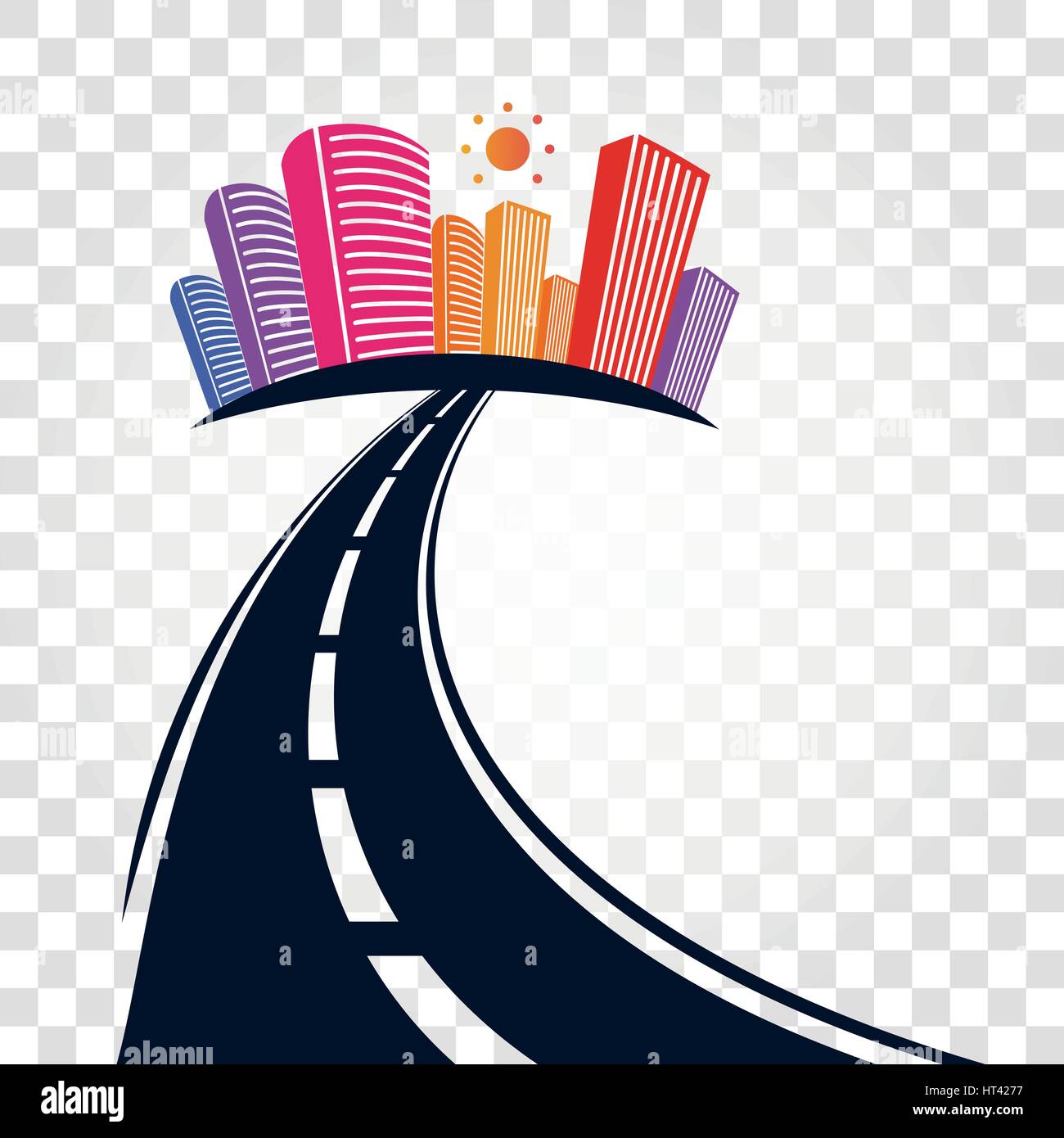 Isolierte abstrakte leeren Autobahn mit Teilung Kennzeichnung und bunten Stadtbild auf karierten Hintergrund-Vektor-Illustration. Stock Vektor