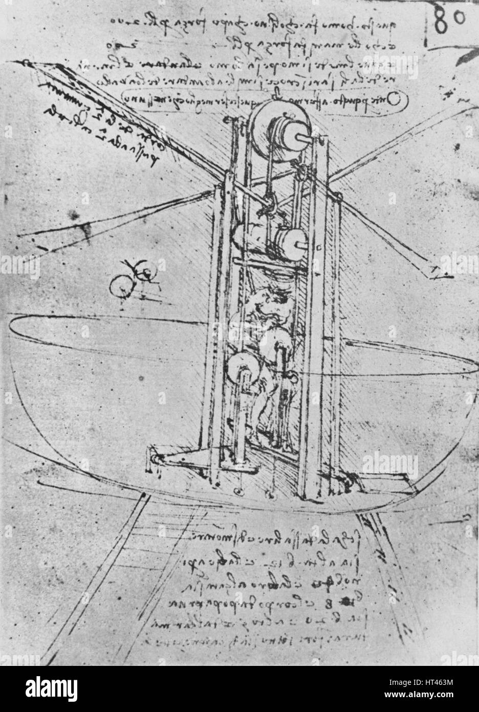 "Zeichnung einer Flugmaschine mit einem Mann Betrieb It", c1480 (1945). Künstler: Leonardo da Vinci. Stockfoto