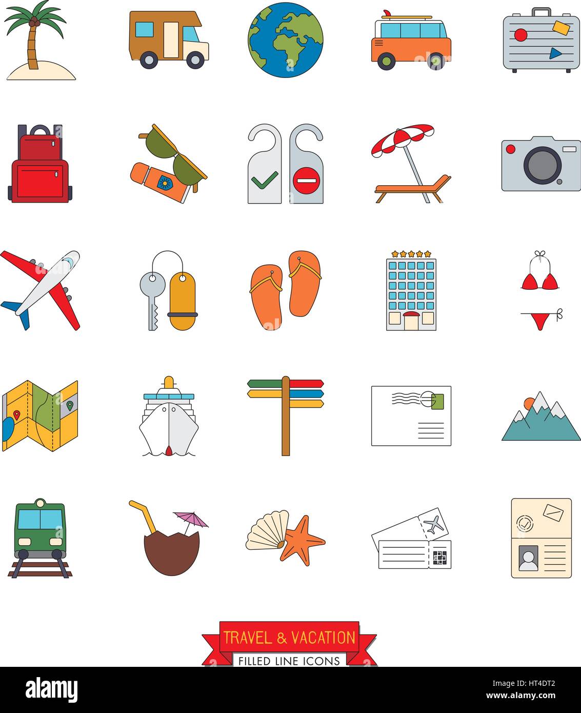 Sammlung von Reisen und Urlaub Vektor-Linie-Icons mit Farbe füllen Stock Vektor