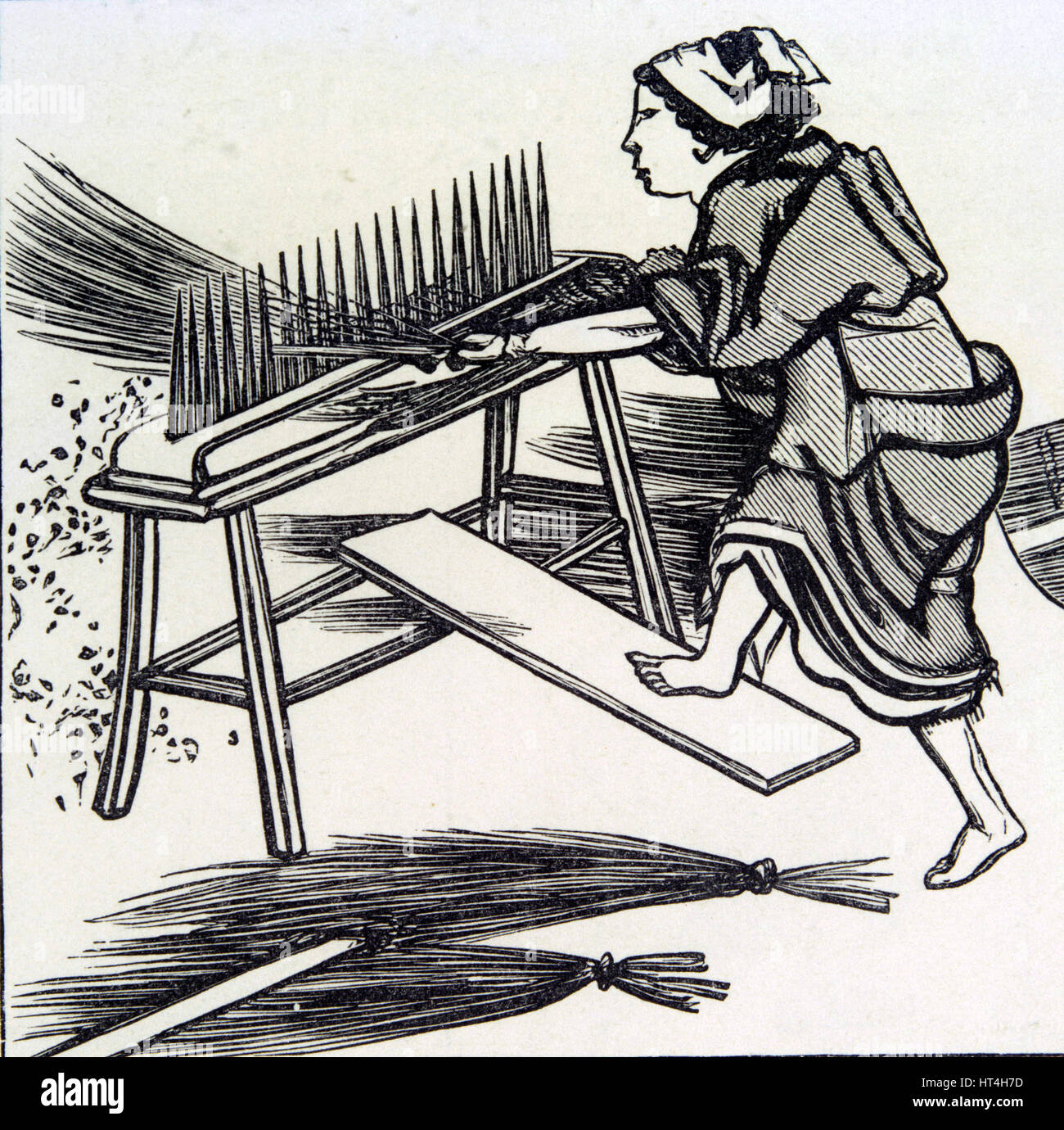 Zeichnung/Illustration, Darstellung einer japanischen Frau Besen machen. des 19. Jahrhunderts. Stockfoto